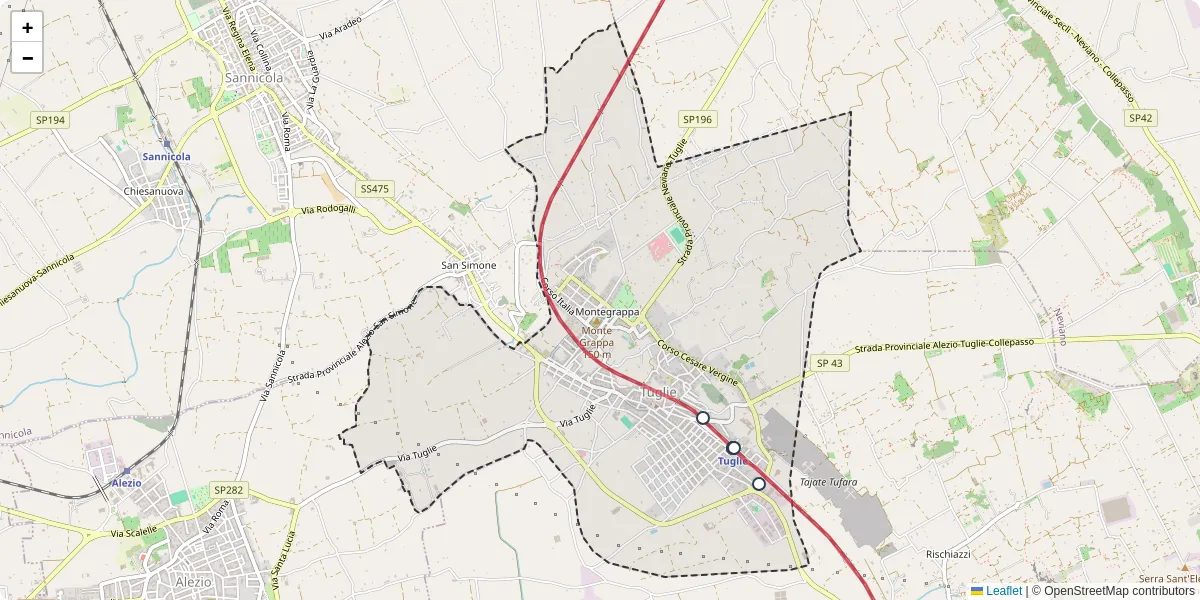 Mappa dettagliata del trasporto pubblico a Tuglie con linee autobus, tram e collegamenti