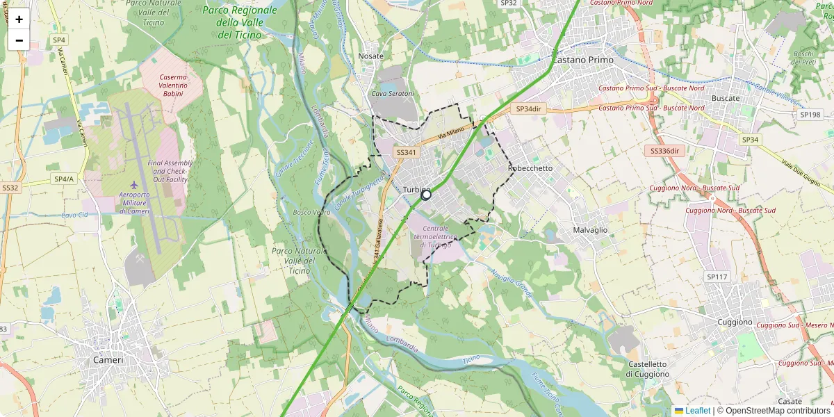 Mappa dettagliata del trasporto pubblico a Turbigo con linee autobus, tram e collegamenti