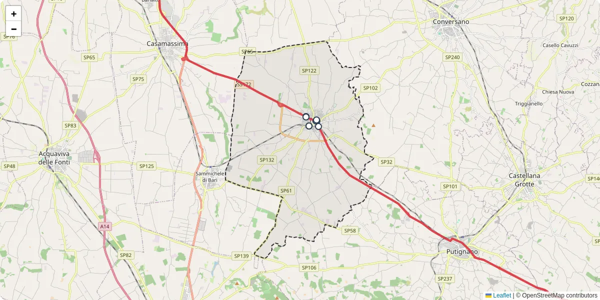 Mappa dettagliata del trasporto pubblico a Turi con linee autobus, tram e collegamenti