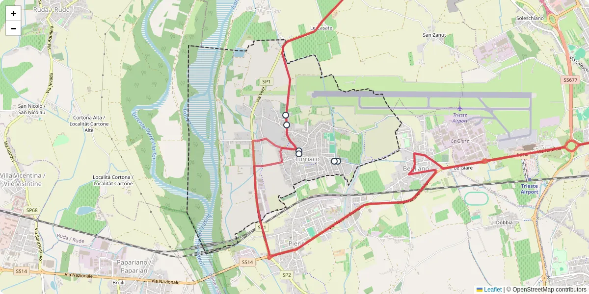 Mappa dettagliata del trasporto pubblico a Turriaco con linee autobus, tram e collegamenti