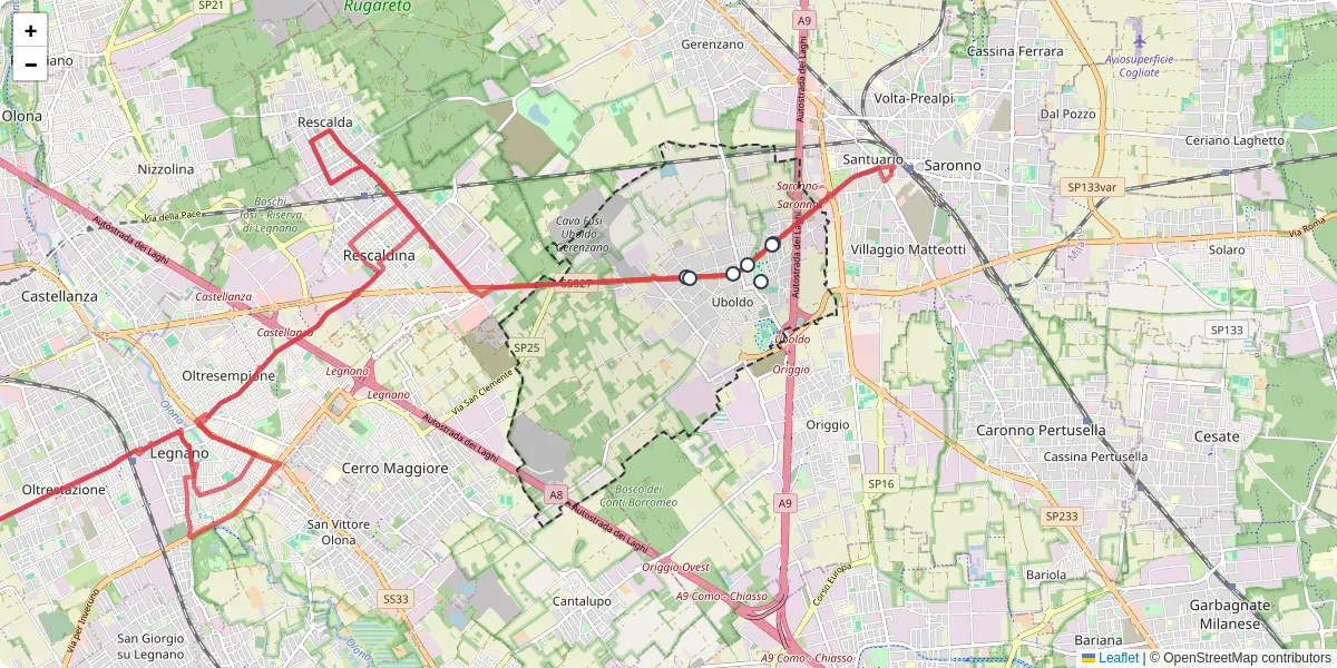 Mappa dettagliata del trasporto pubblico a Uboldo con linee autobus, tram e collegamenti
