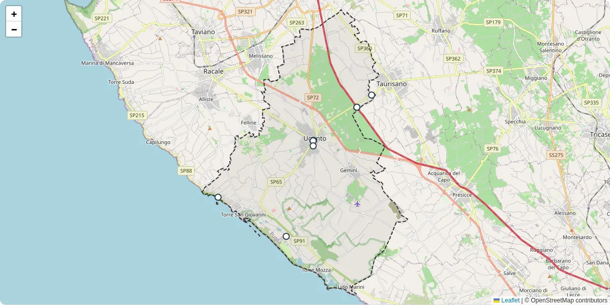 Mappa dettagliata del trasporto pubblico a Ugento con linee autobus, tram e collegamenti