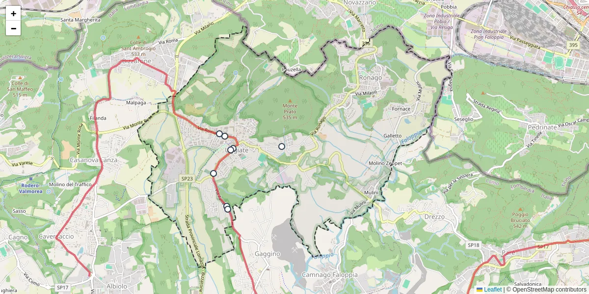 Mappa dettagliata del trasporto pubblico a Uggiate con Ronago con linee autobus, tram e collegamenti