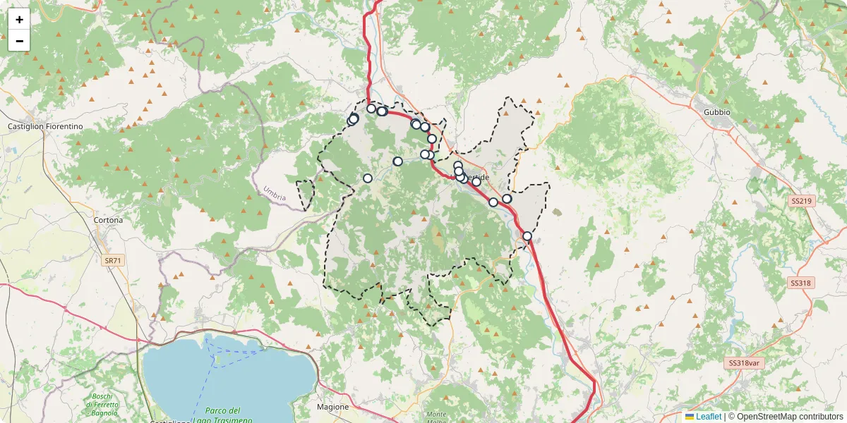 Mappa dettagliata del trasporto pubblico a Umbertide con linee autobus, tram e collegamenti