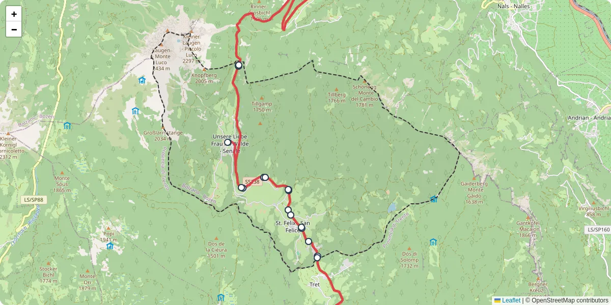 Mappa dettagliata del trasporto pubblico a Unsere Liebe Frau im Walde-St. Felix - Senale-San Felice con linee autobus, tram e collegamenti