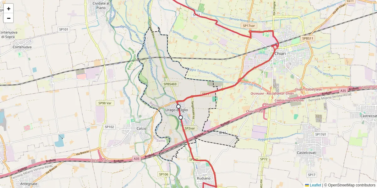 Mappa dettagliata del trasporto pubblico a Urago d'Oglio con linee autobus, tram e collegamenti