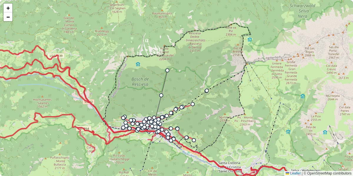 Mappa dettagliata del trasporto pubblico a Urtijëi - St. Ulrich in Gröden - Ortisei con linee autobus, tram e collegamenti