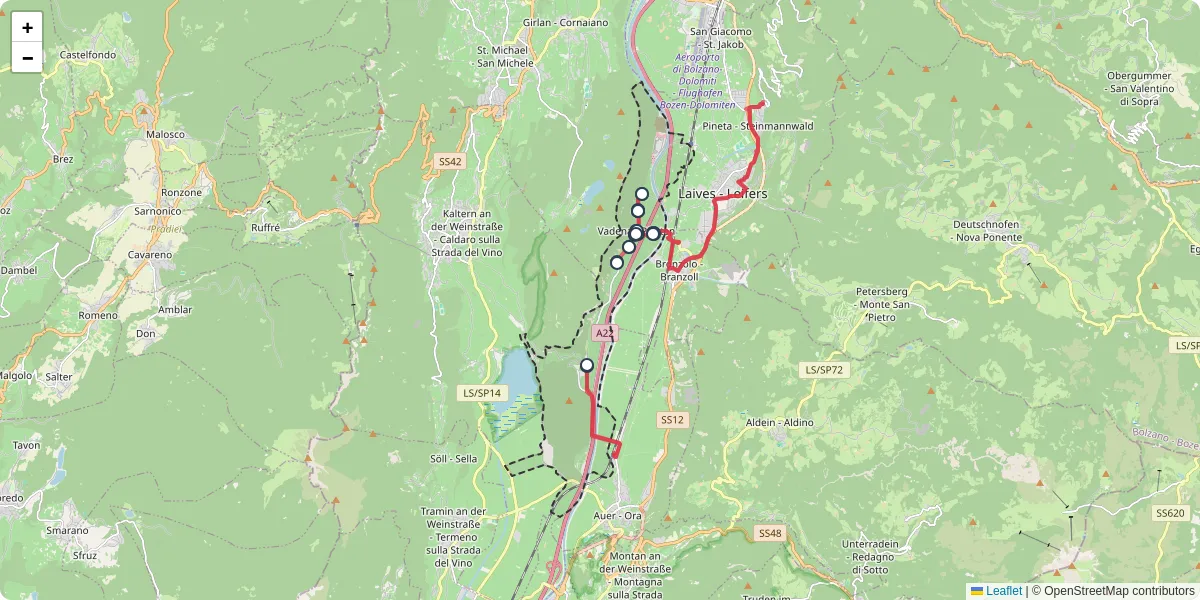Mappa dettagliata del trasporto pubblico a Vadena - Pfatten con linee autobus, tram e collegamenti
