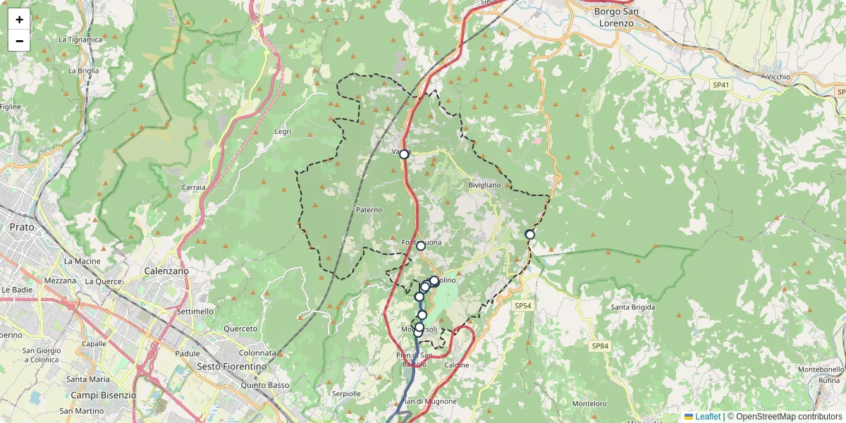 Mappa dettagliata del trasporto pubblico a Vaglia con linee autobus, tram e collegamenti