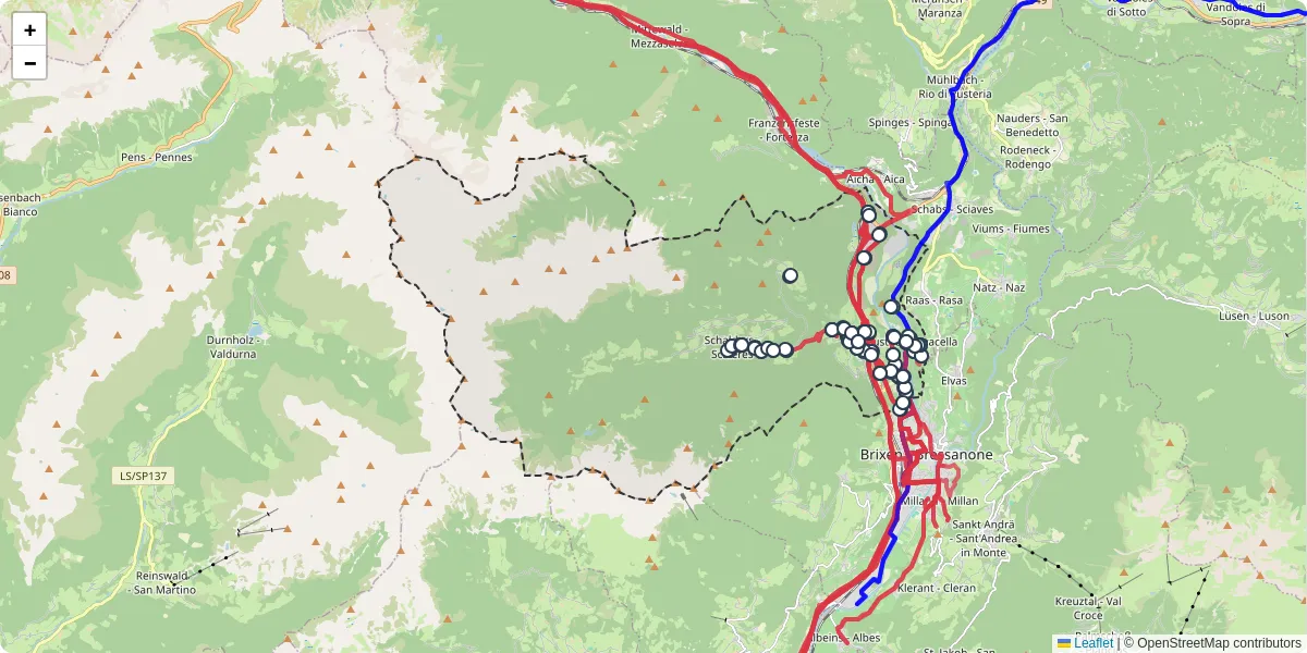 Mappa dettagliata del trasporto pubblico a Vahrn - Varna con linee autobus, tram e collegamenti