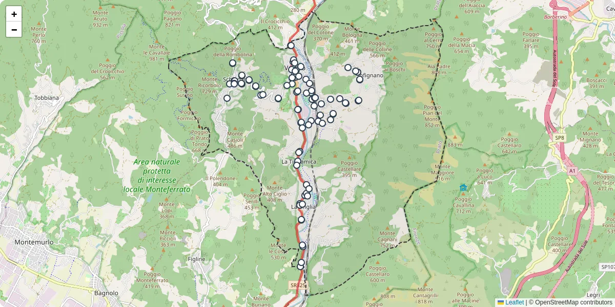 Mappa dettagliata del trasporto pubblico a Vaiano con linee autobus, tram e collegamenti