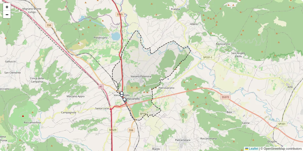 Mappa dettagliata del trasporto pubblico a Vairano Patenora con linee autobus, tram e collegamenti