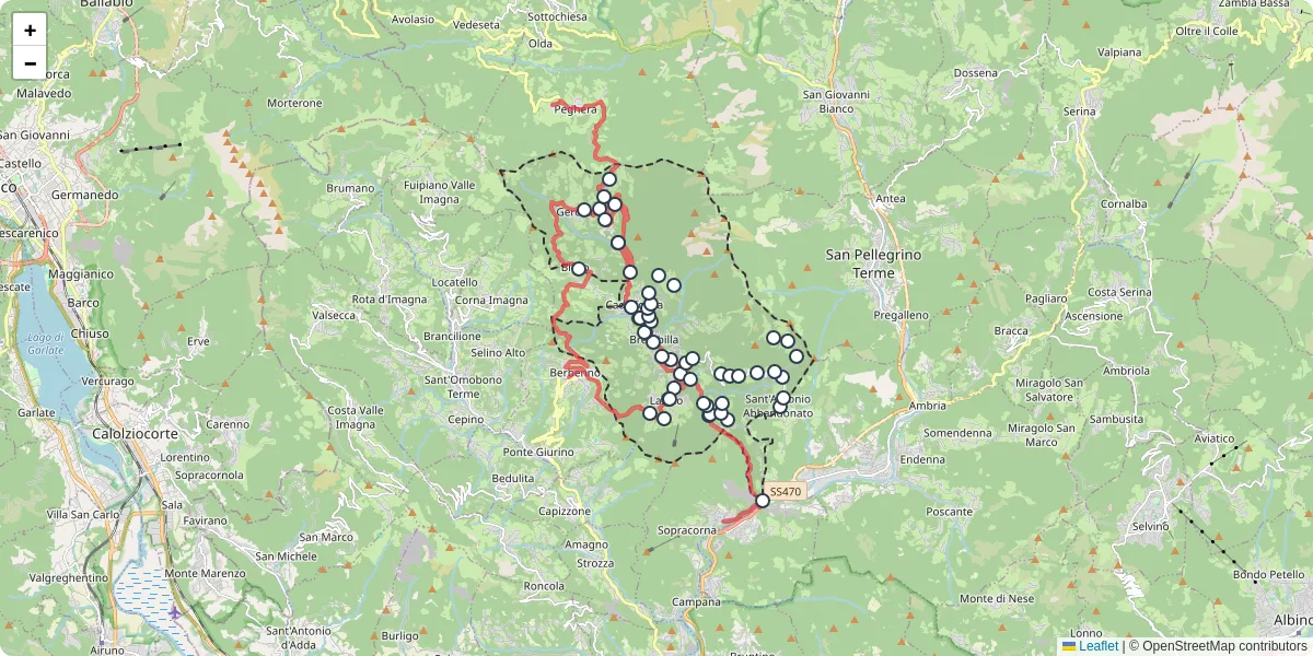 Mappa dettagliata del trasporto pubblico a Val Brembilla con linee autobus, tram e collegamenti