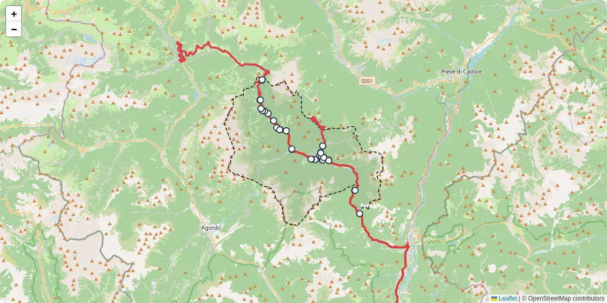 Mappa dettagliata del trasporto pubblico a Val di Zoldo con linee autobus, tram e collegamenti