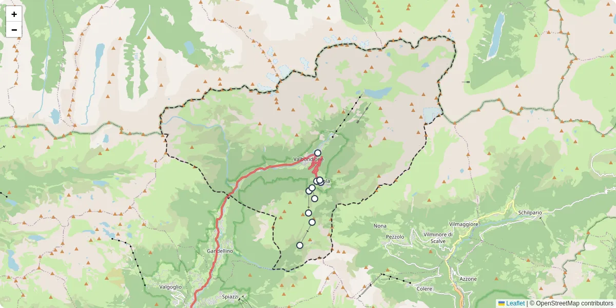 Mappa dettagliata del trasporto pubblico a Valbondione con linee autobus, tram e collegamenti