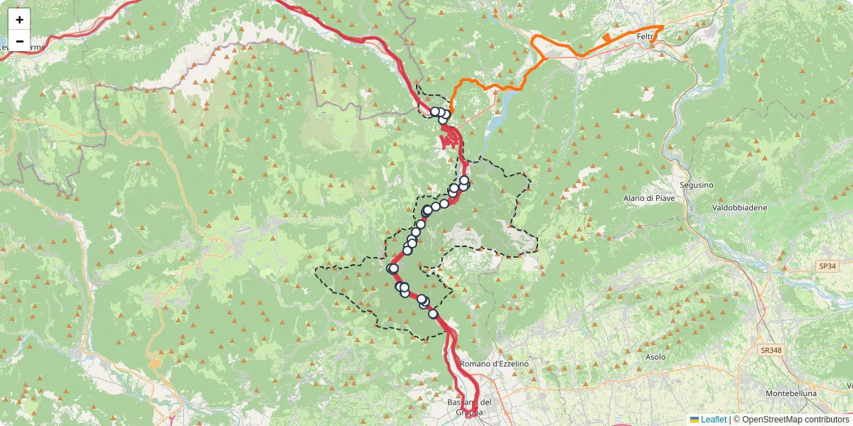 Mappa dettagliata del trasporto pubblico a Valbrenta con linee autobus, tram e collegamenti