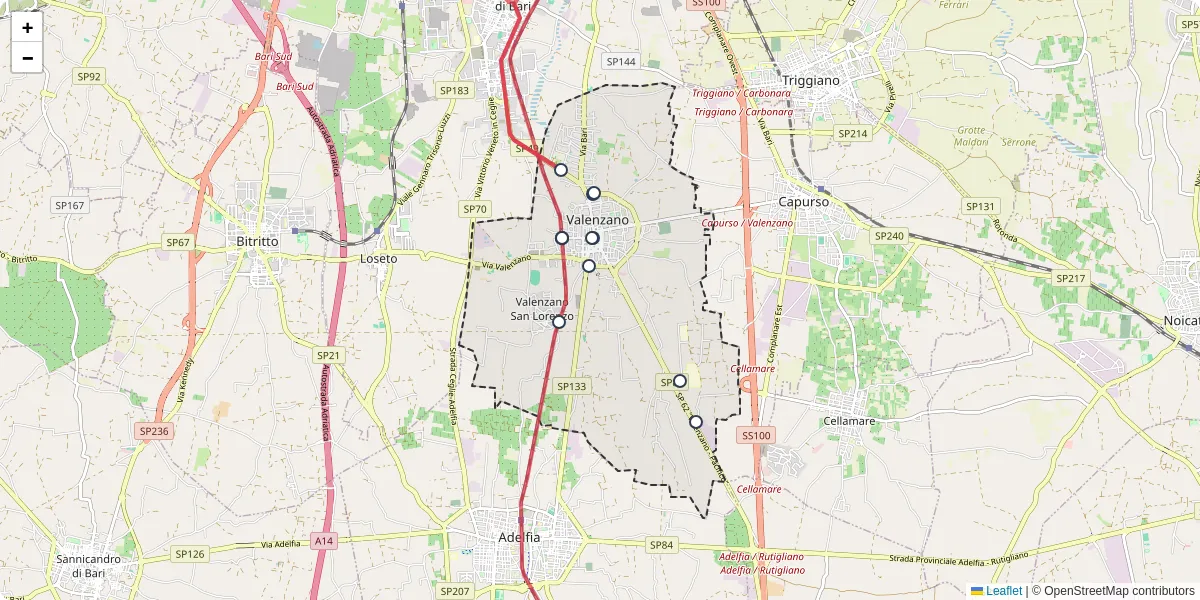 Mappa dettagliata del trasporto pubblico a Valenzano con linee autobus, tram e collegamenti
