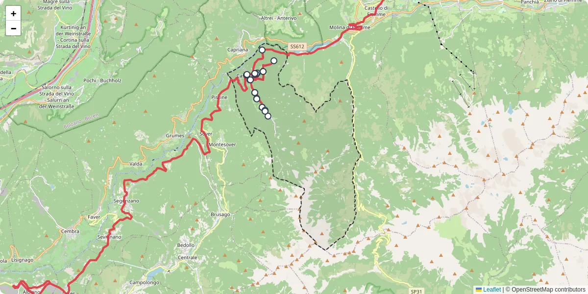 Mappa dettagliata del trasporto pubblico a Valfloriana con linee autobus, tram e collegamenti