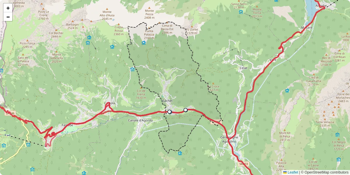 Mappa dettagliata del trasporto pubblico a Vallada Agordina con linee autobus, tram e collegamenti