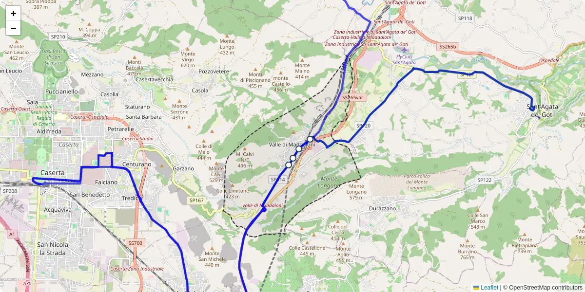Mappa dettagliata del trasporto pubblico a Valle di Maddaloni con linee autobus, tram e collegamenti