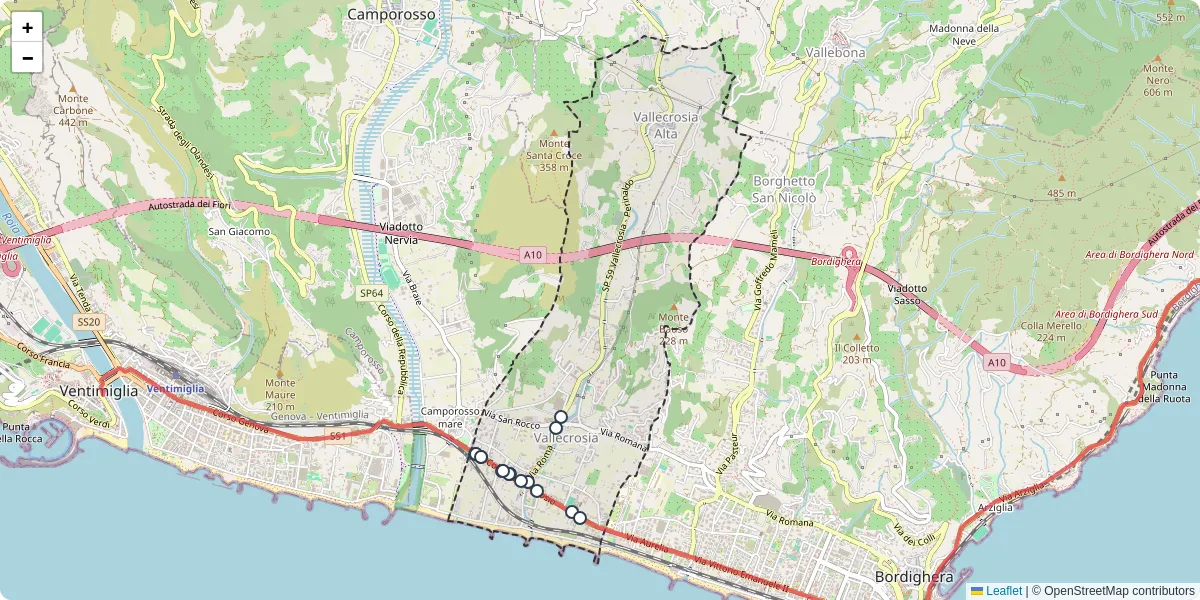 Mappa dettagliata del trasporto pubblico a Vallecrosia con linee autobus, tram e collegamenti