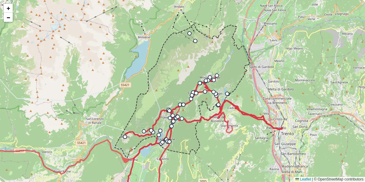 Mappa dettagliata del trasporto pubblico a Vallelaghi con linee autobus, tram e collegamenti