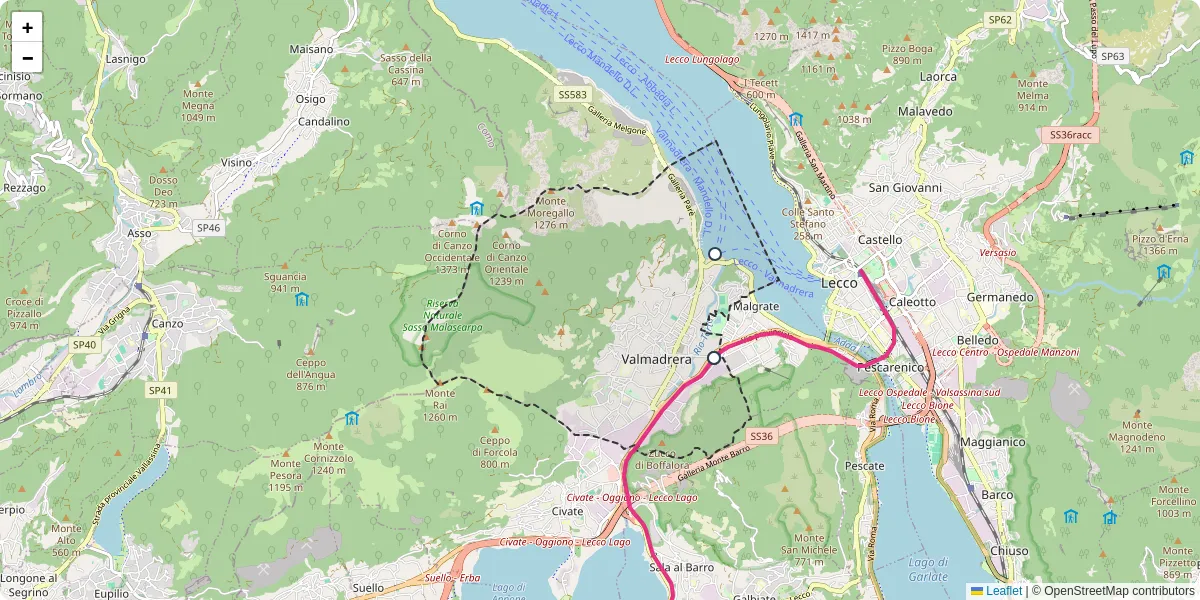 Mappa dettagliata del trasporto pubblico a Valmadrera con linee autobus, tram e collegamenti