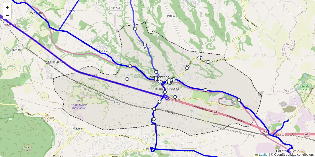 Mappa dettagliata del trasporto pubblico a Valmontone con linee autobus, tram e collegamenti