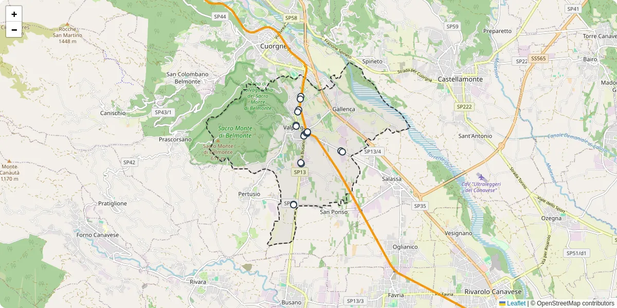 Mappa dettagliata del trasporto pubblico a Valperga con linee autobus, tram e collegamenti