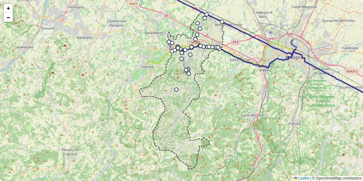 Mappa dettagliata del trasporto pubblico a Valsamoggia con linee autobus, tram e collegamenti