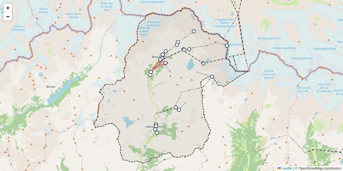 Mappa dettagliata del trasporto pubblico a Valtournenche con linee autobus, tram e collegamenti