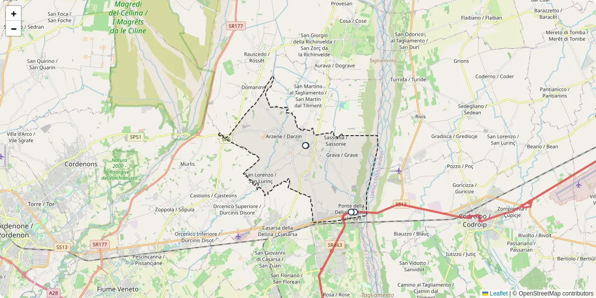 Mappa dettagliata del trasporto pubblico a Valvasone Arzene / Voleson Darzin con linee autobus, tram e collegamenti