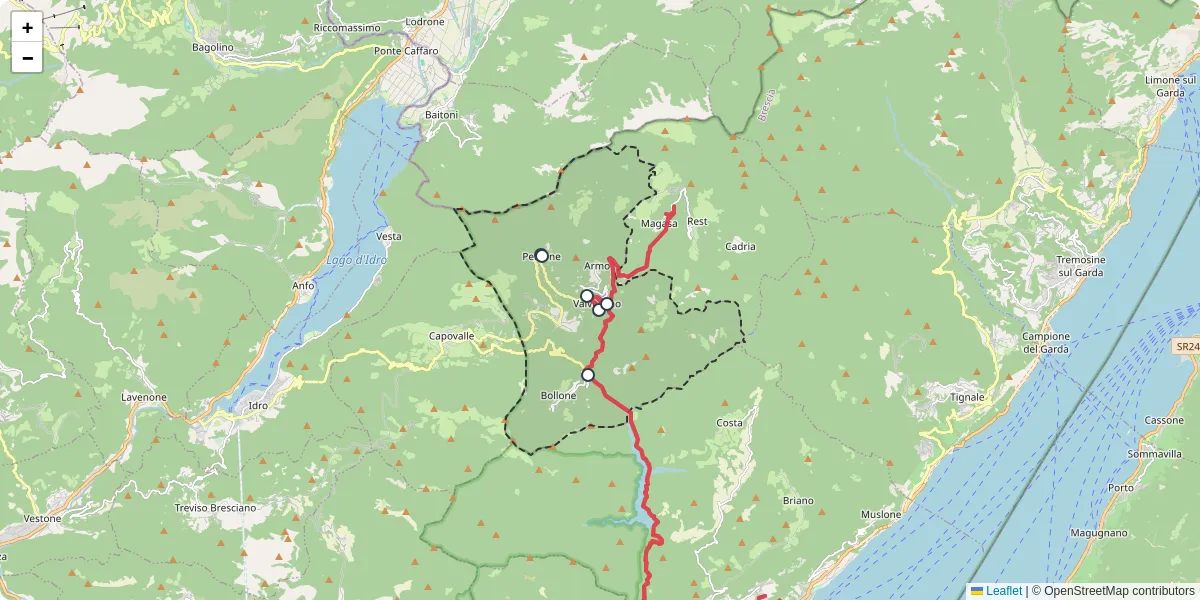 Mappa dettagliata del trasporto pubblico a Valvestino con linee autobus, tram e collegamenti