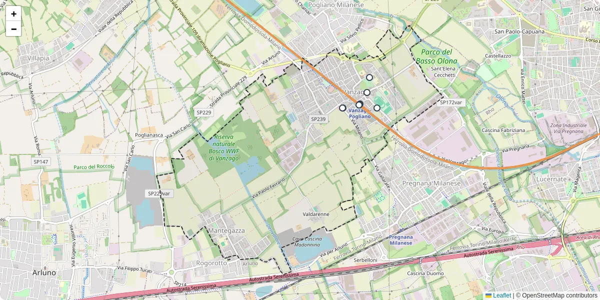 Mappa dettagliata del trasporto pubblico a Vanzago con linee autobus, tram e collegamenti