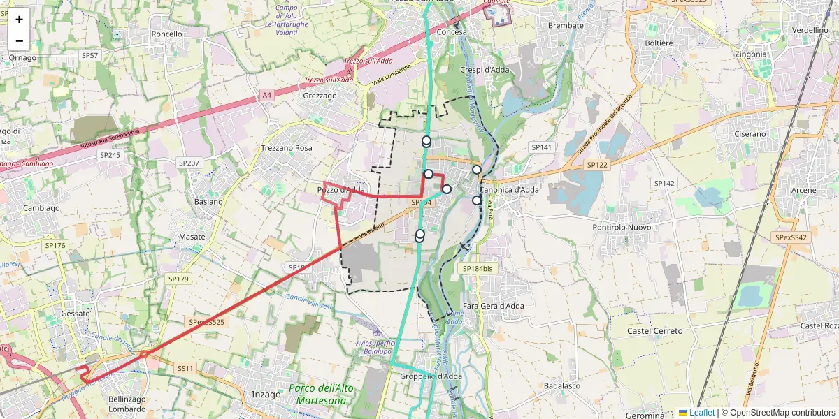 Mappa dettagliata del trasporto pubblico a Vaprio d'Adda con linee autobus, tram e collegamenti