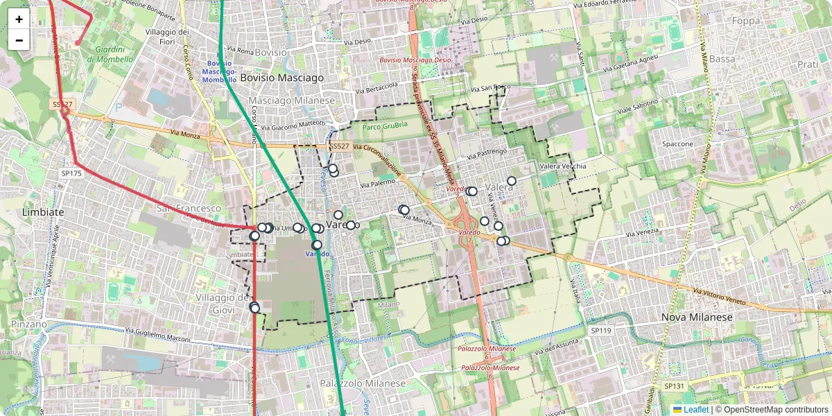 Mappa dettagliata del trasporto pubblico a Varedo con linee autobus, tram e collegamenti
