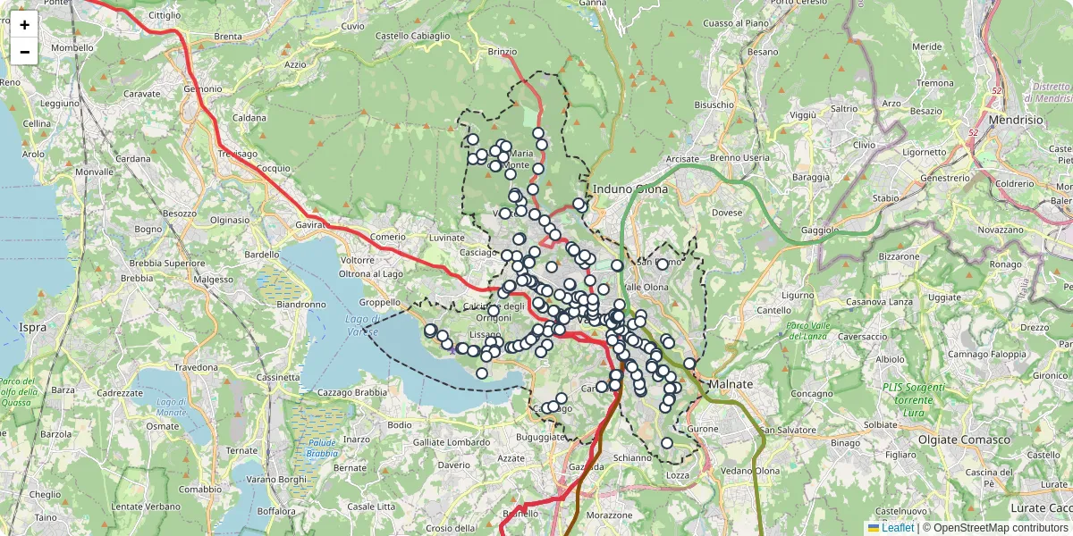 Mappa dettagliata del trasporto pubblico a Varese con linee autobus, tram e collegamenti