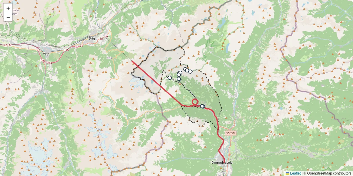 Mappa dettagliata del trasporto pubblico a Varzo con linee autobus, tram e collegamenti
