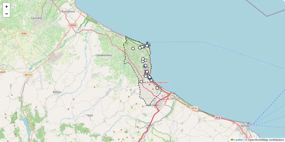 Mappa dettagliata del trasporto pubblico a Vasto con linee autobus, tram e collegamenti