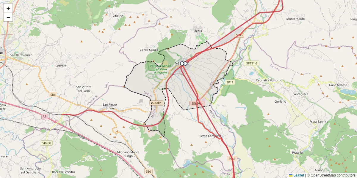 Mappa dettagliata del trasporto pubblico a Venafro con linee autobus, tram e collegamenti
