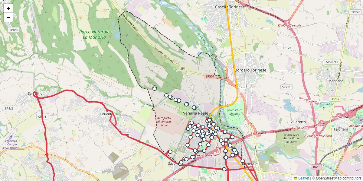 Mappa dettagliata del trasporto pubblico a Venaria Reale con linee autobus, tram e collegamenti