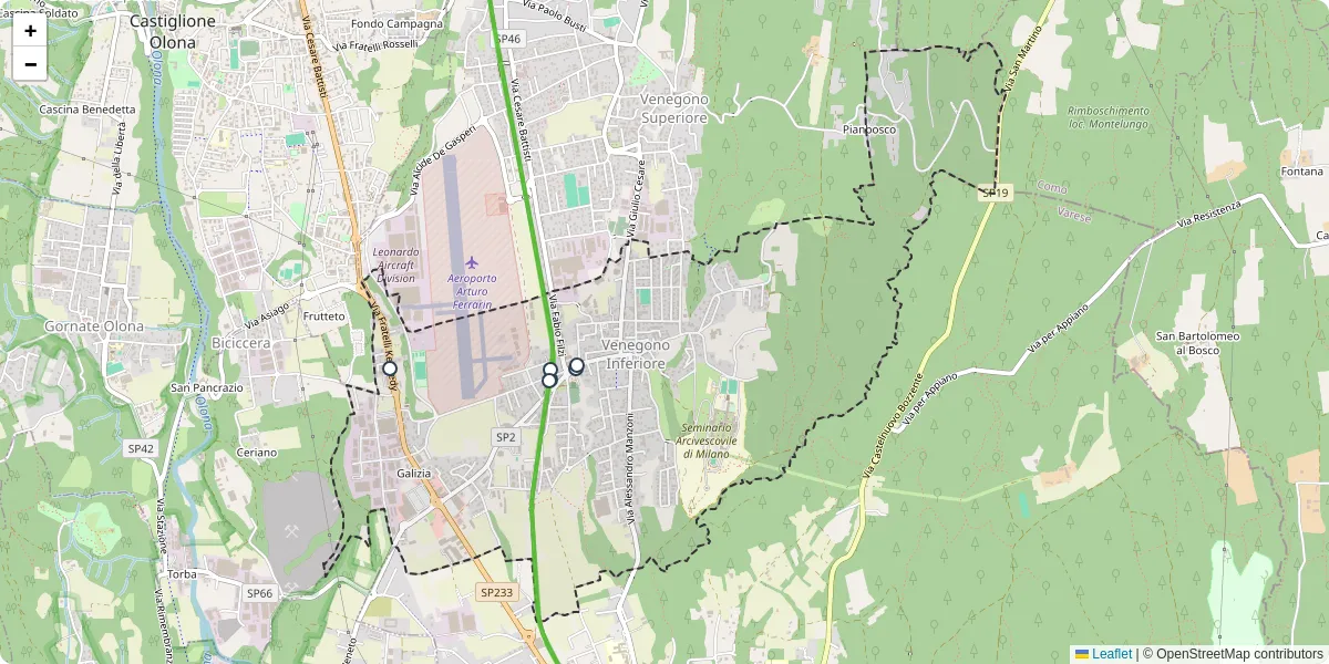 Mappa dettagliata del trasporto pubblico a Venegono Inferiore con linee autobus, tram e collegamenti