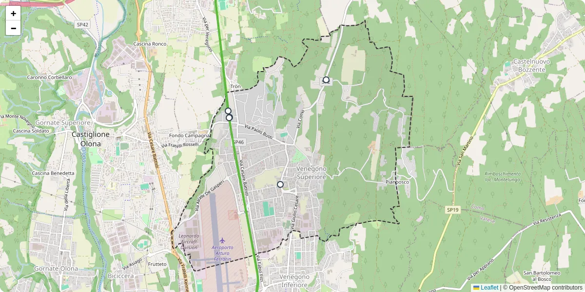 Mappa dettagliata del trasporto pubblico a Venegono Superiore con linee autobus, tram e collegamenti