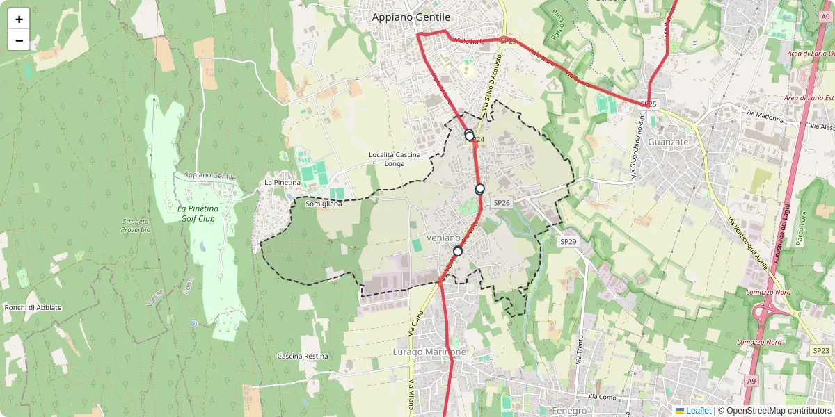 Mappa dettagliata del trasporto pubblico a Veniano con linee autobus, tram e collegamenti