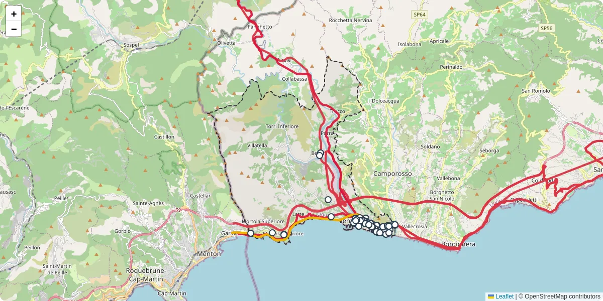 Mappa dettagliata del trasporto pubblico a Ventimiglia con linee autobus, tram e collegamenti