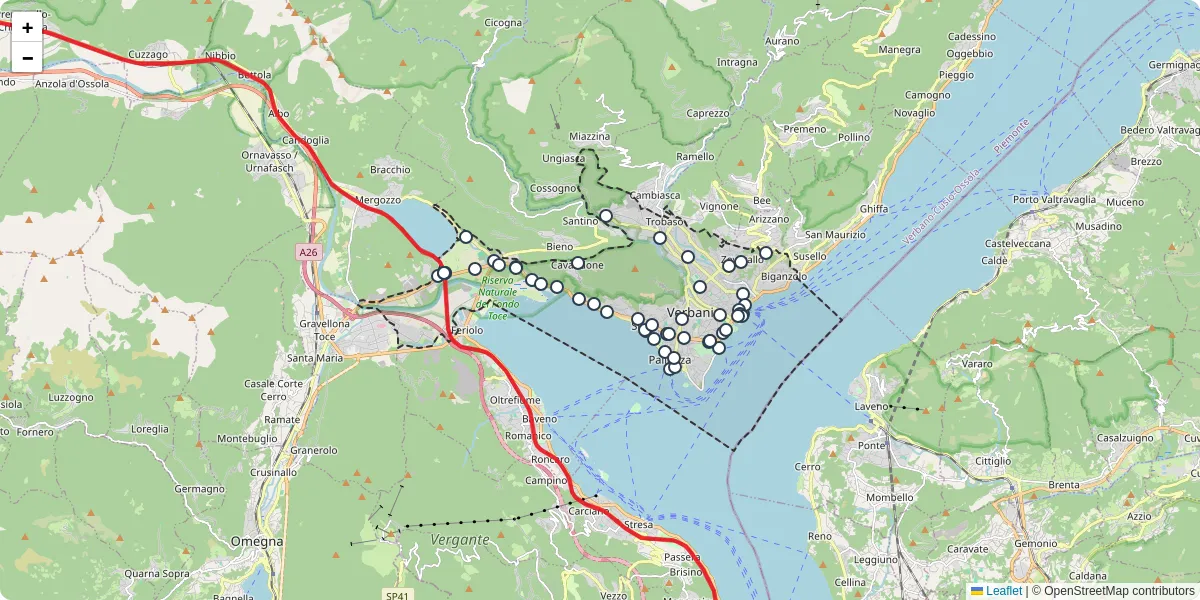 Mappa dettagliata del trasporto pubblico a Verbania con linee autobus, tram e collegamenti