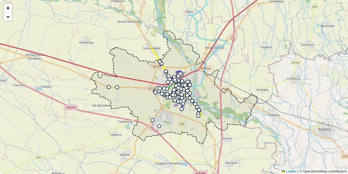 Mappa dettagliata del trasporto pubblico a Vercelli con linee autobus, tram e collegamenti