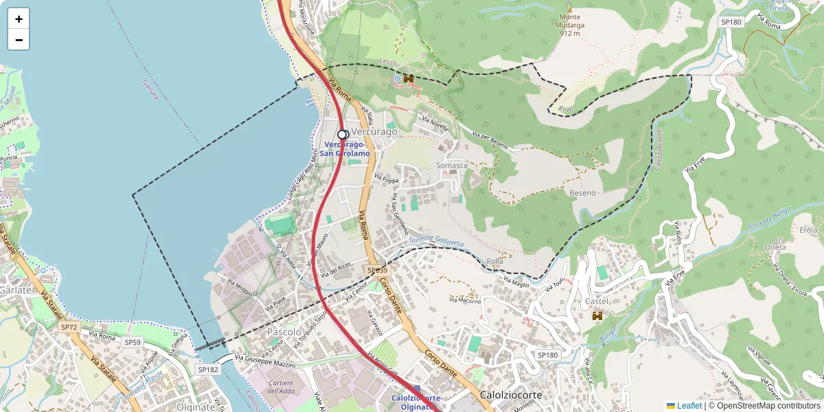 Mappa dettagliata del trasporto pubblico a Vercurago con linee autobus, tram e collegamenti