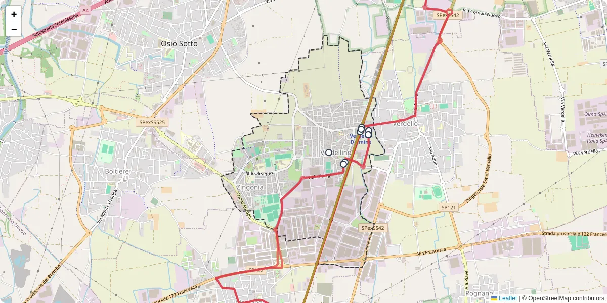 Mappa dettagliata del trasporto pubblico a Verdellino con linee autobus, tram e collegamenti