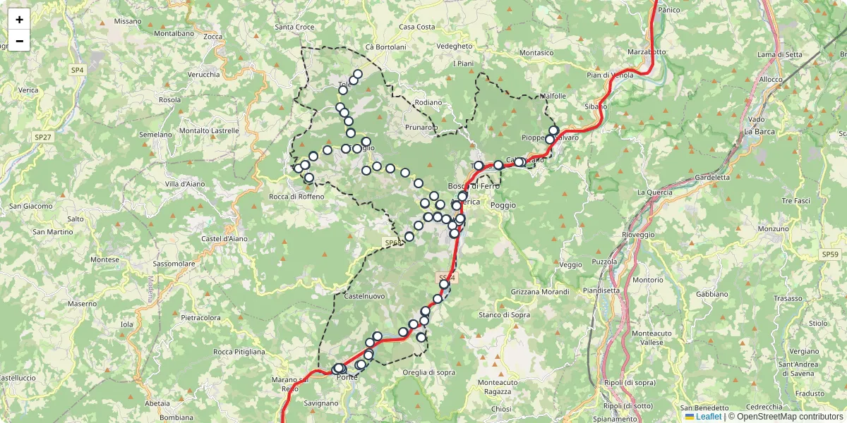 Mappa dettagliata del trasporto pubblico a Vergato con linee autobus, tram e collegamenti